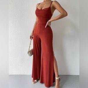 SHEIN Lace Up Tied Backless Wide Leg Jumpsuit